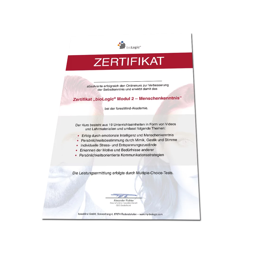 Zertifikat für Persönlichkeitsschulung und Seminar bei bioLogic
